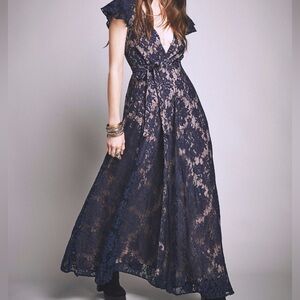 NWT Free People X The Jet Set Diaries Piazza Lace Maxi Wrap Dress - Blue - Small